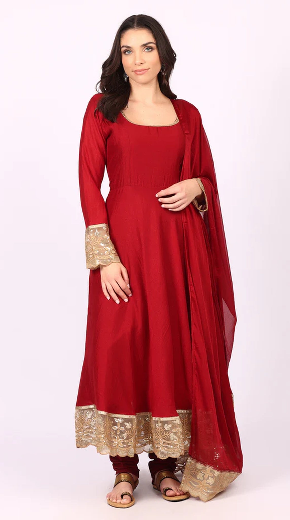 Georgette Maroon Vichitra Bias Cut Suit Set