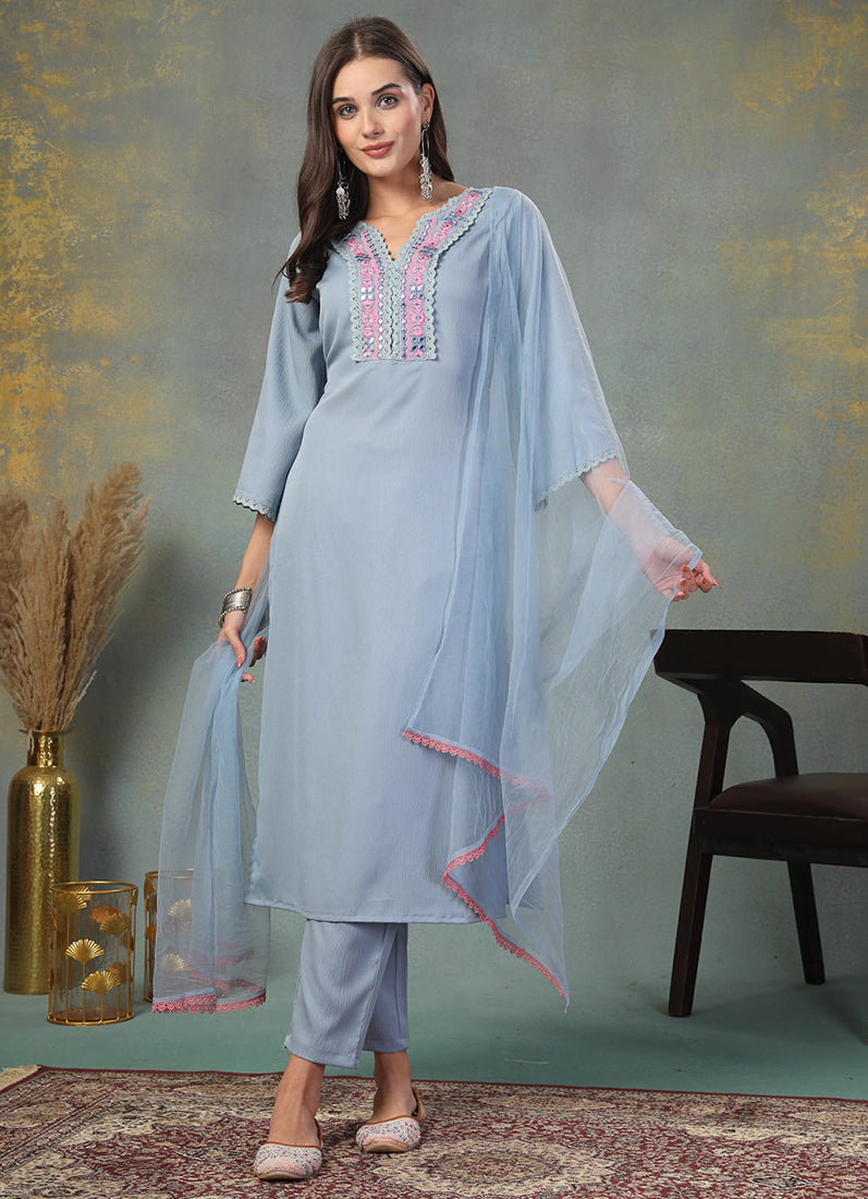 Blue Moss Crepe Suit Set