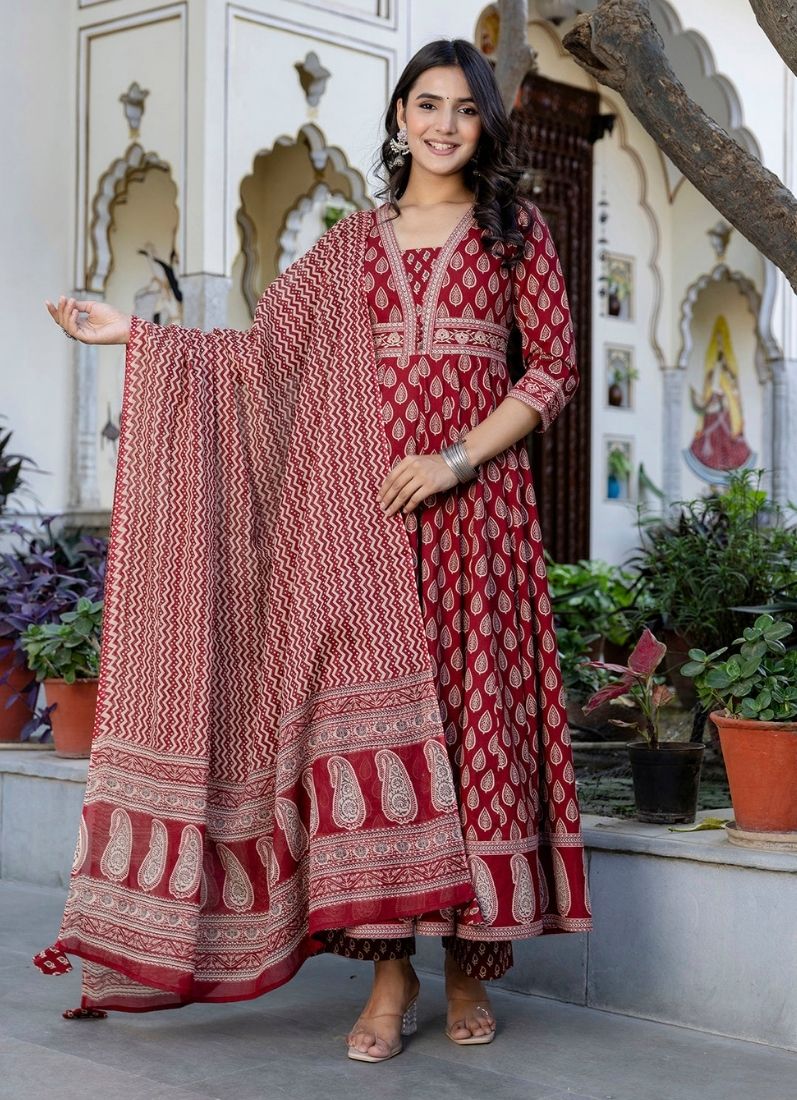 Maroon Bias Cut Suit Set