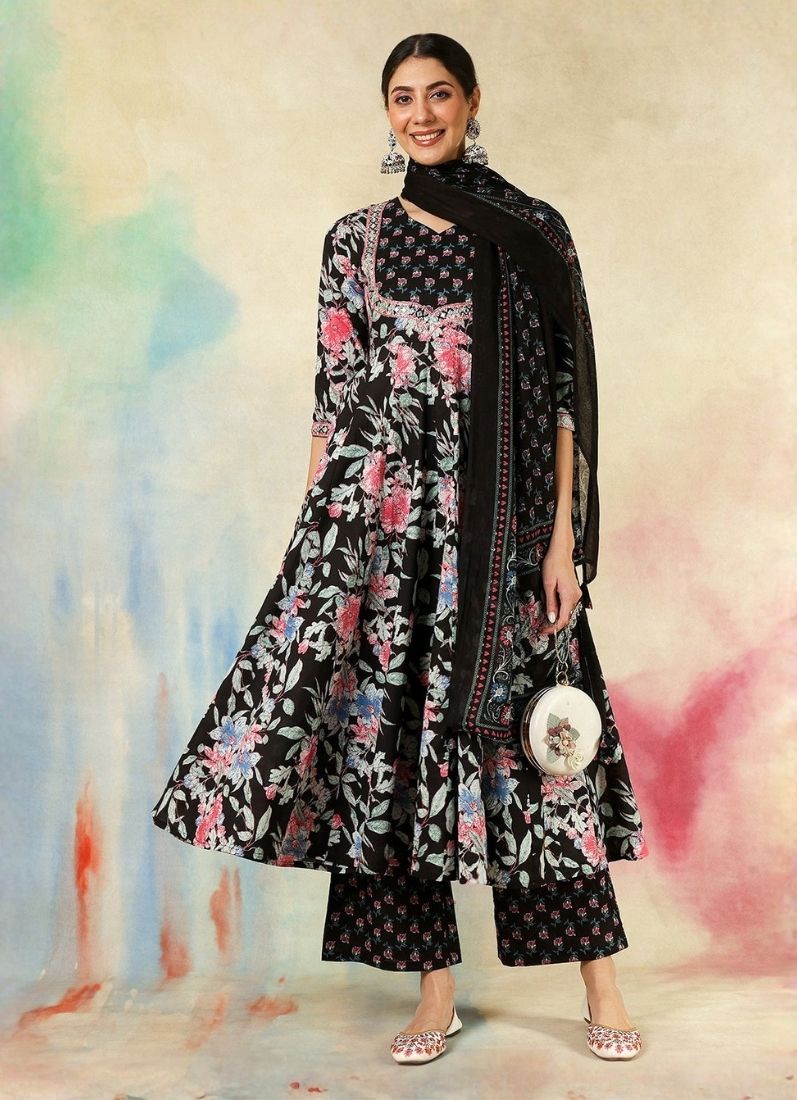 Black Printed Bias Cut Suit Set