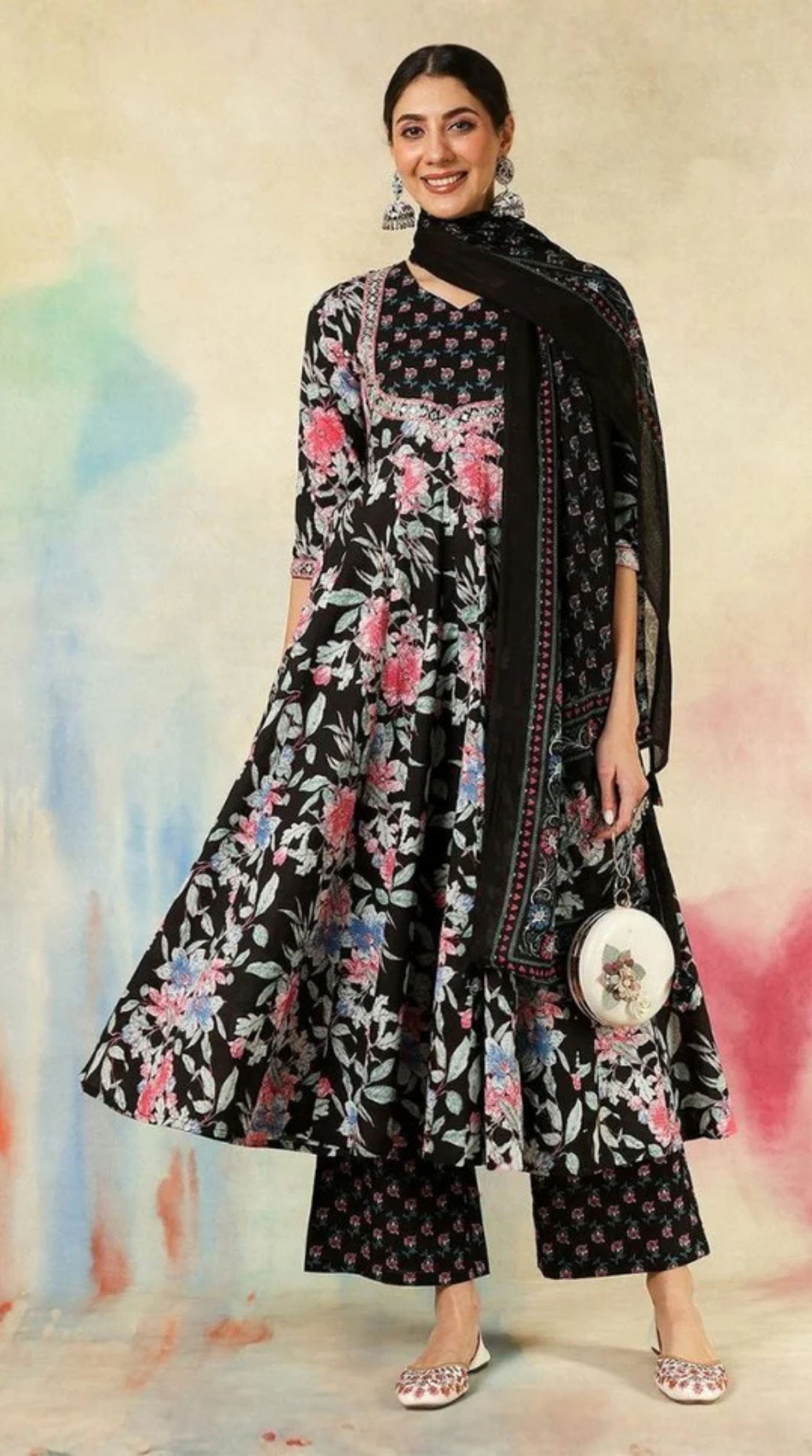 Black Printed Bias Cut Suit Set