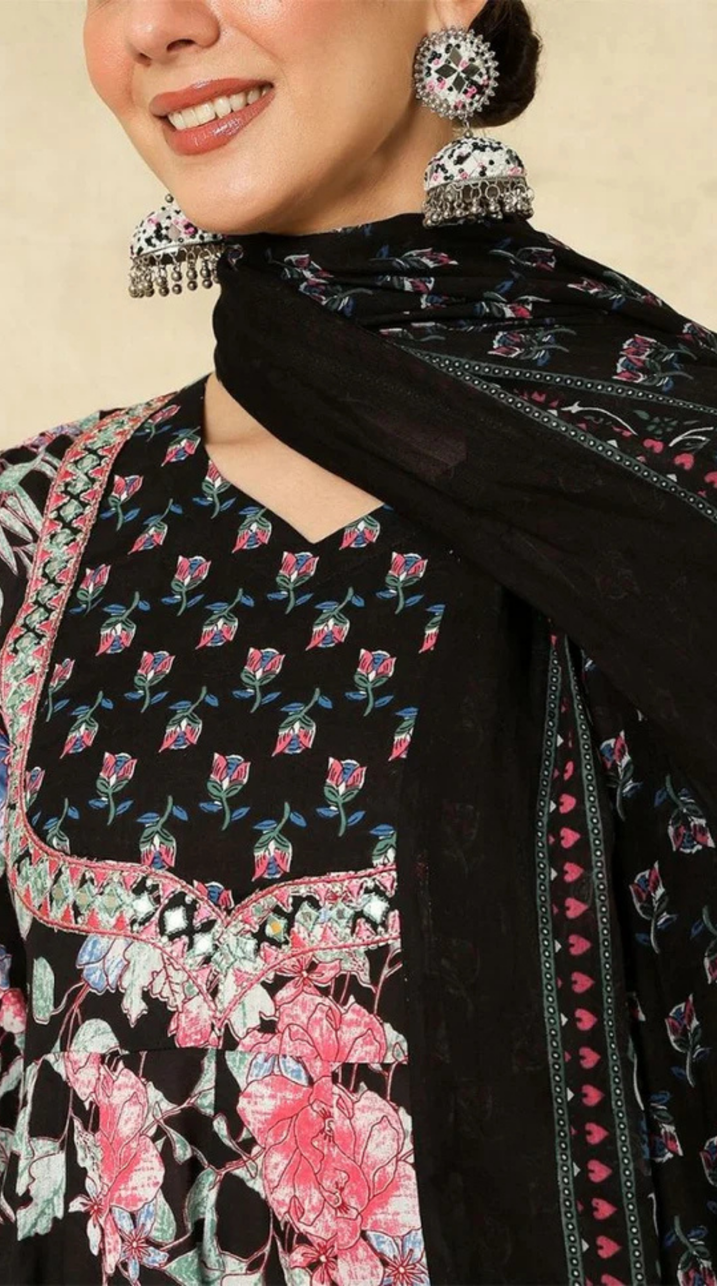 Black Printed Bias Cut Suit Set