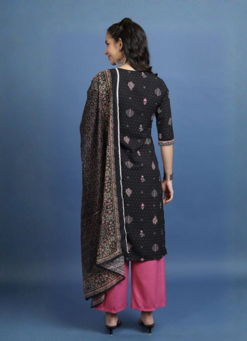 Black Cotton Straight Cut Suit Set