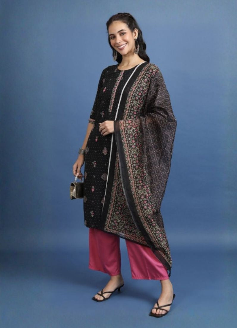 Black Cotton Straight Cut Suit Set