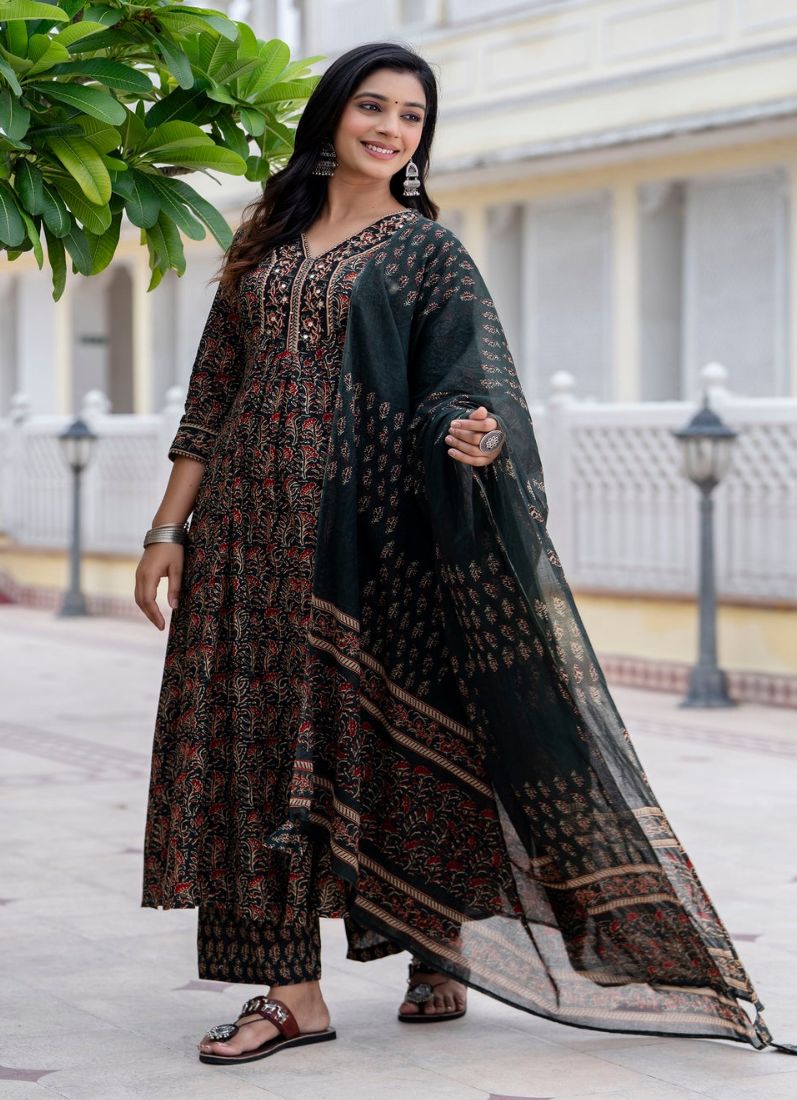 Dark Green Cotton Naira Cut Suit Set