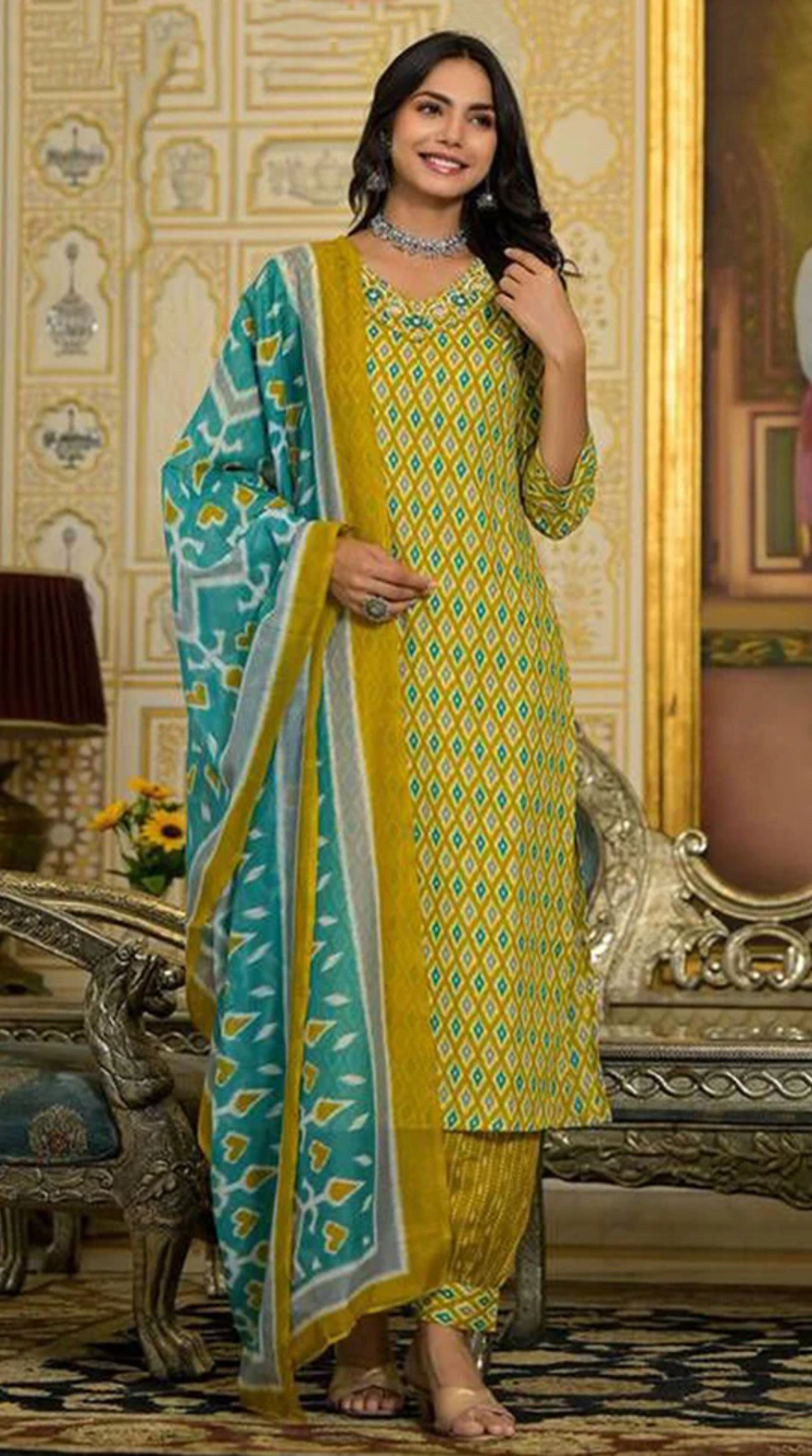 Rayon Yellow Straight Cut Suit Set
