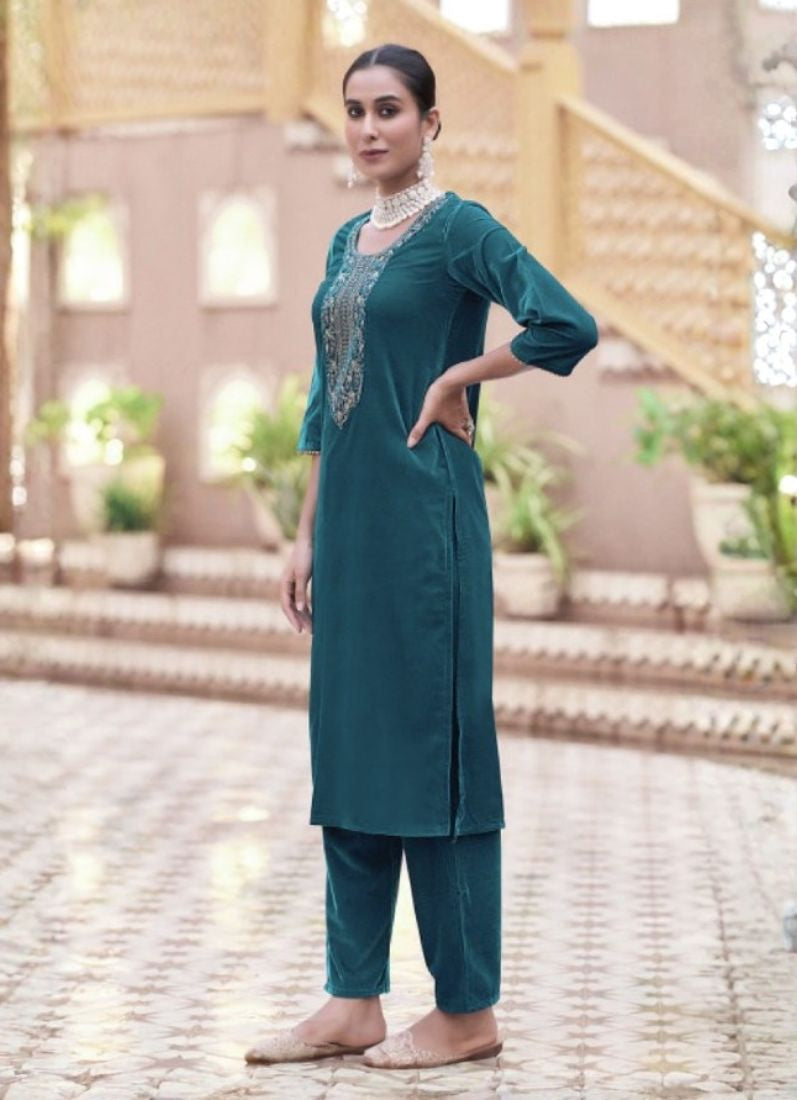 Blue-Green Velvet straight Cut Suit Set