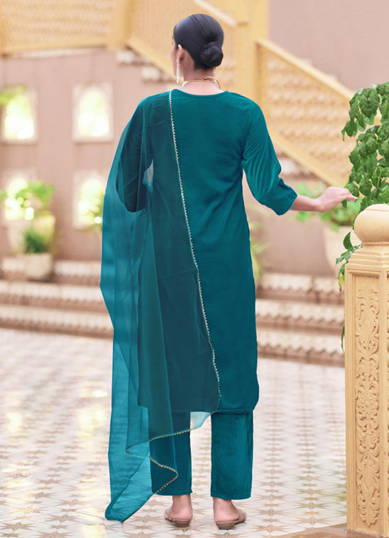 Blue-Green Velvet straight Cut Suit Set