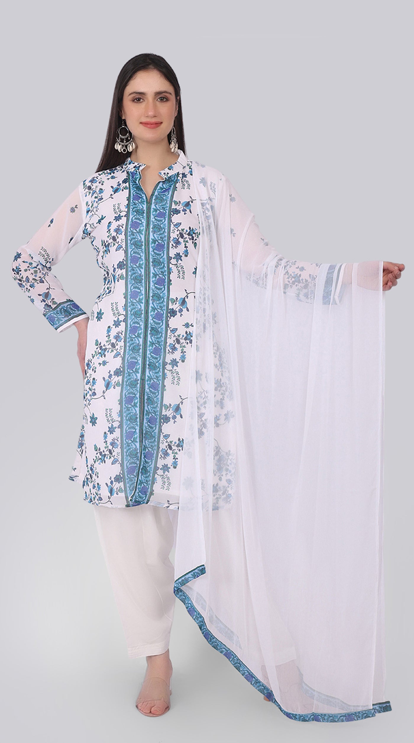 Georgette Floral Printed White Suit Set
