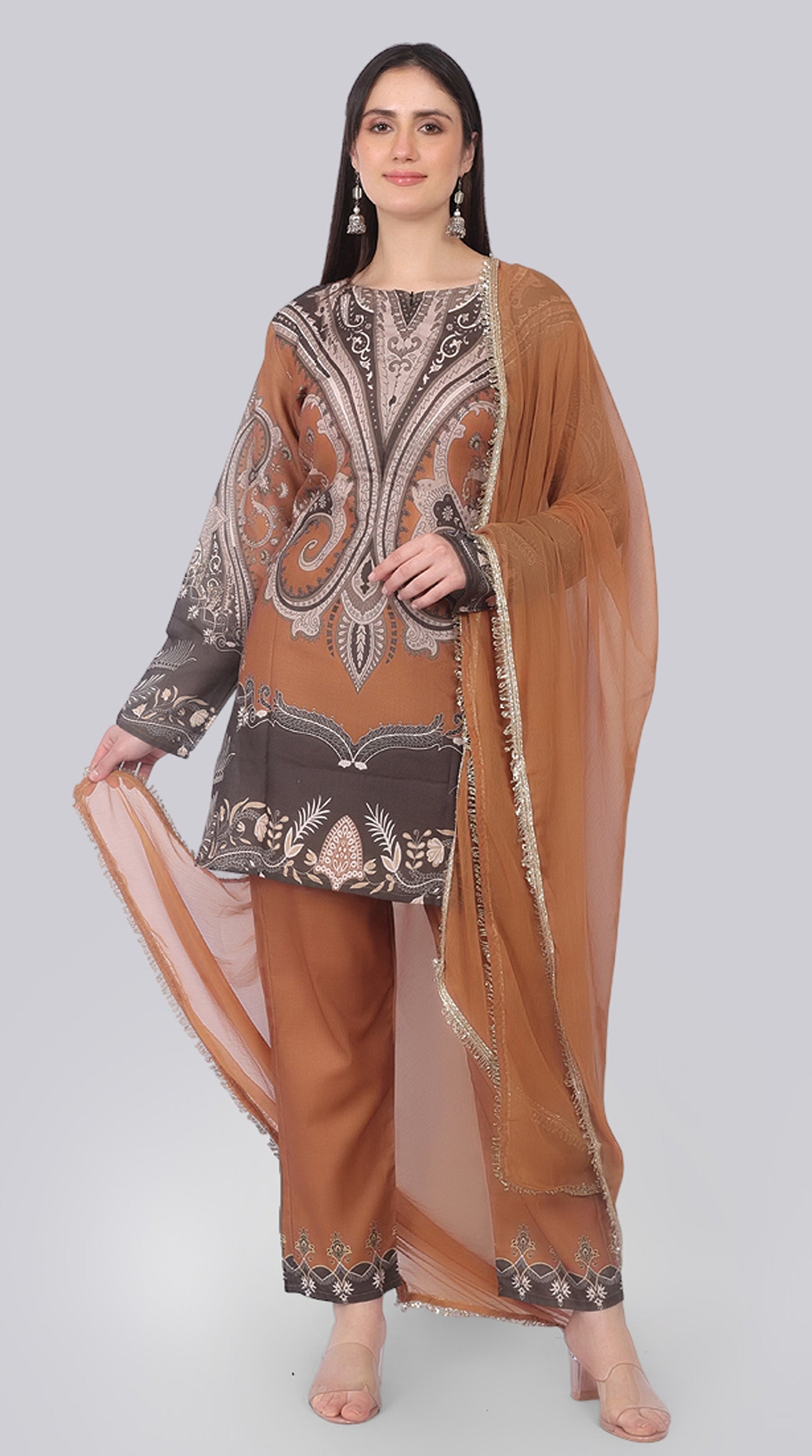 Brown Printed Rayon Suit Set