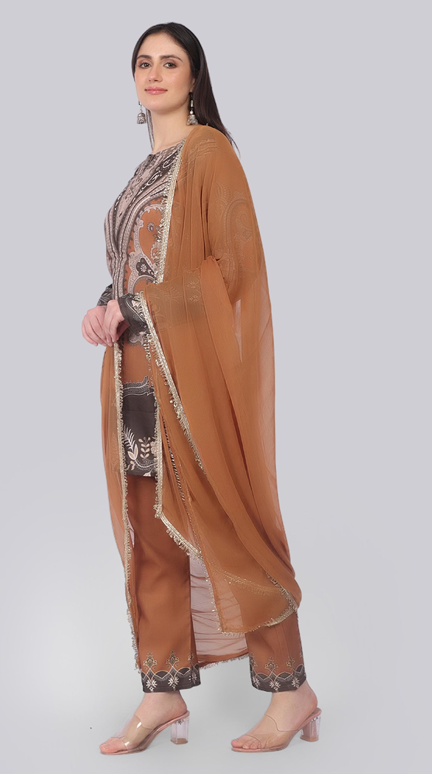 Brown Printed Rayon Suit Set