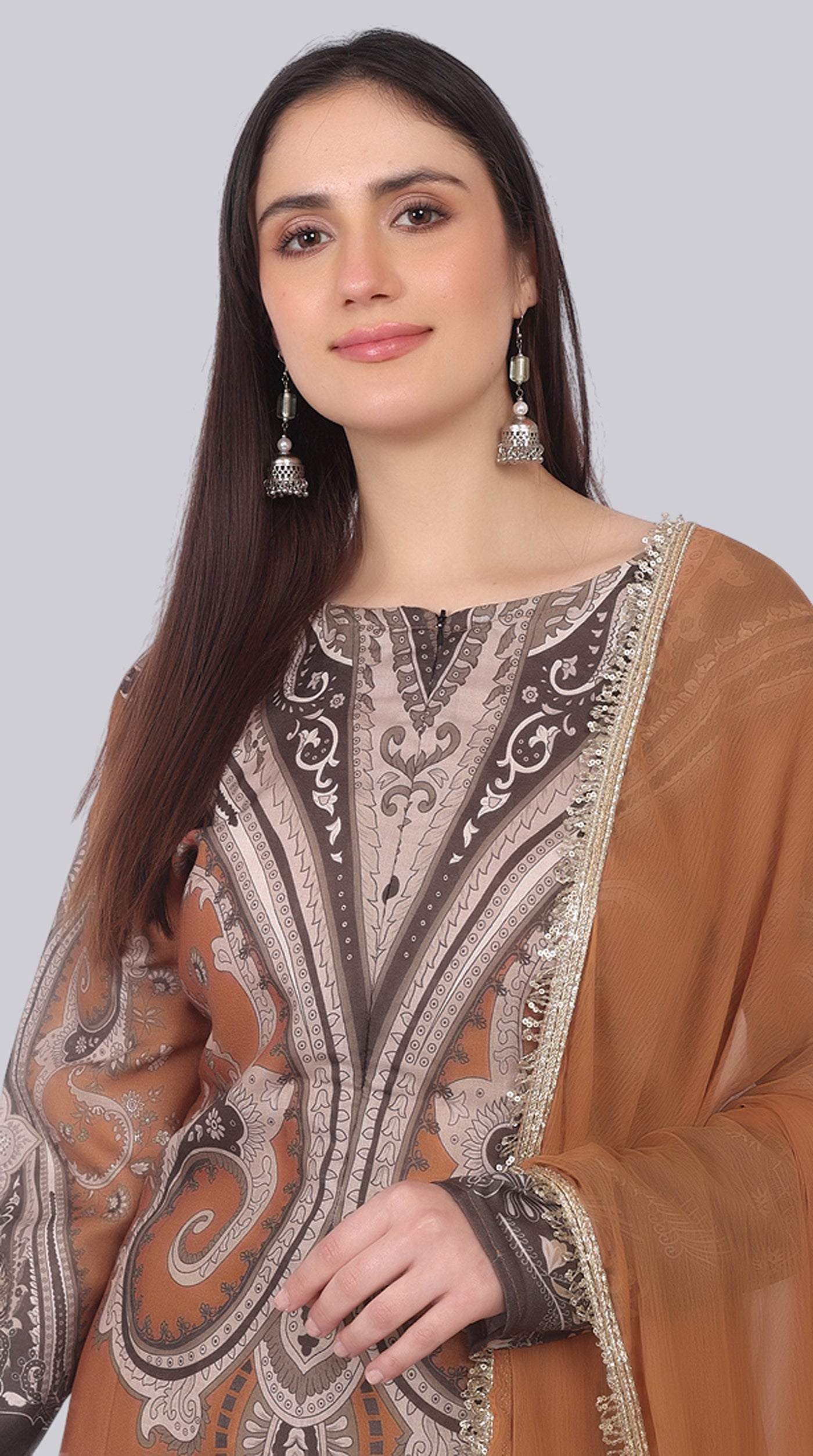 Brown Printed Rayon Suit Set