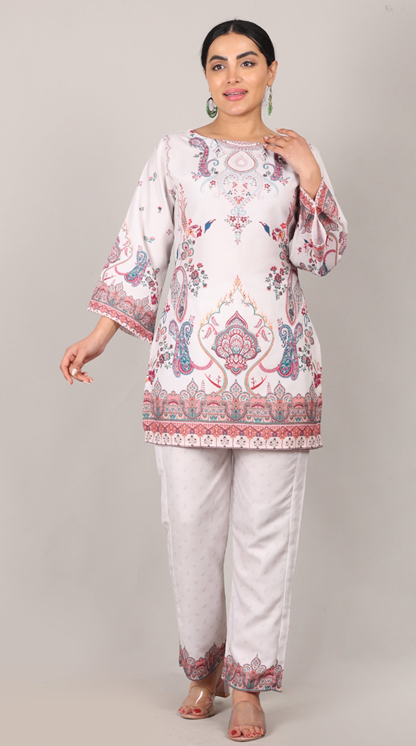 Off White Printed Rayon Suit Set