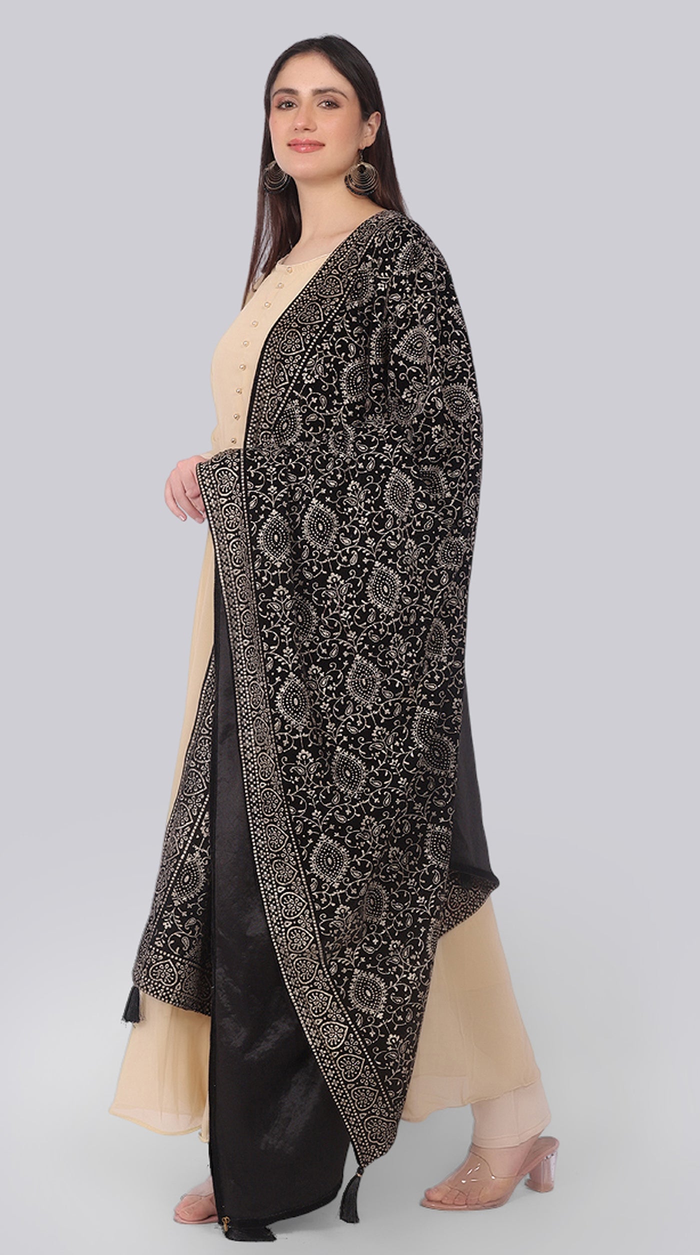Beige Georgette Bias-Cut Suit Set with Velvet Dupatta