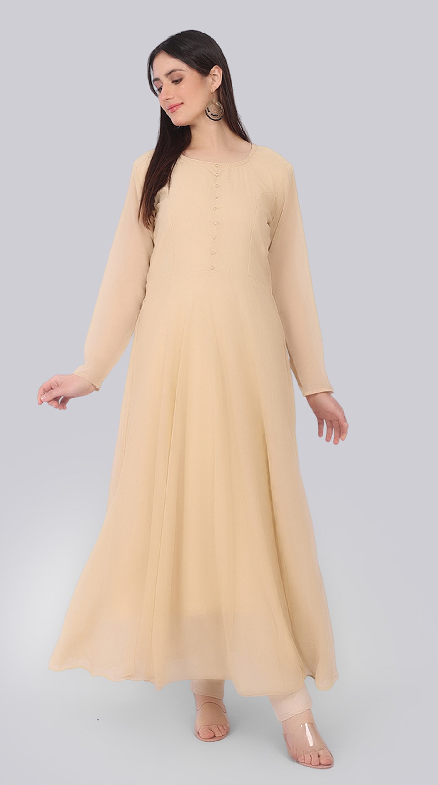 Beige Georgette Bias-Cut Suit Set with Velvet Dupatta