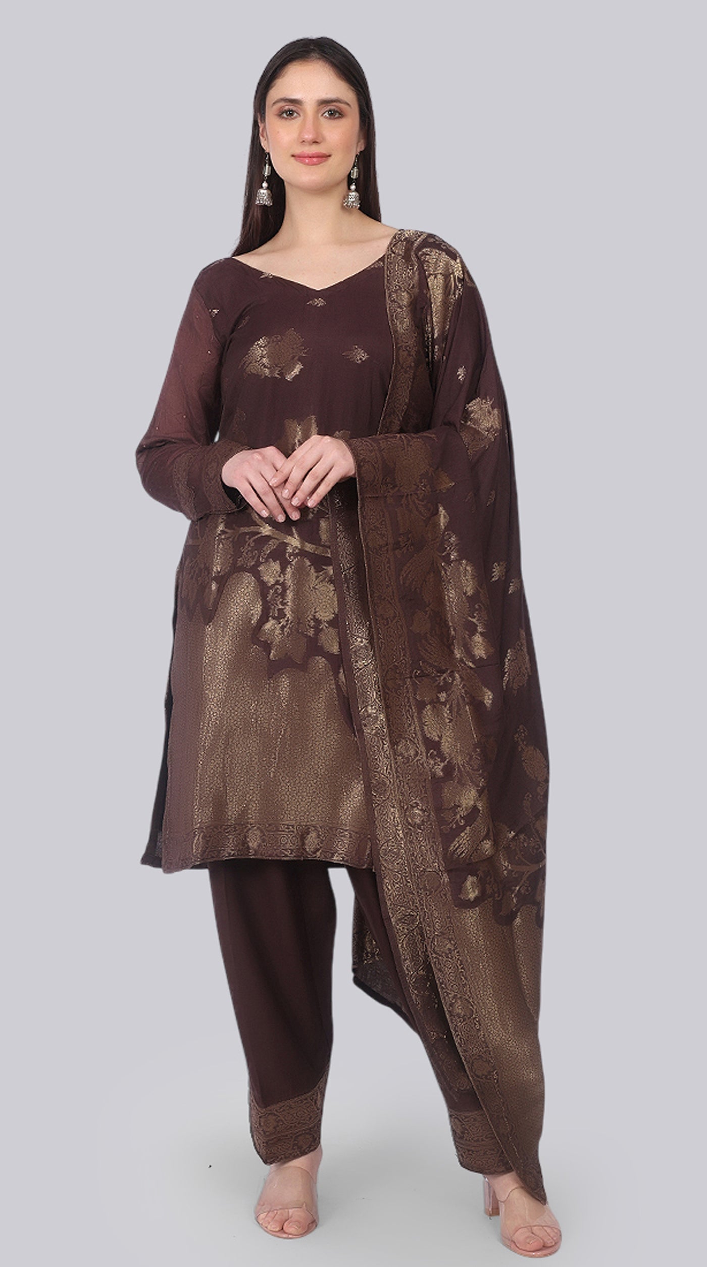 Brown Silk Shift Suit Set with Gold Weave Dupatta