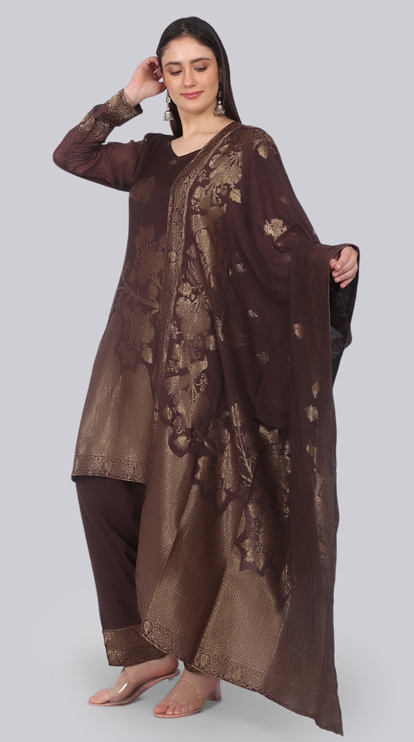 Brown Silk Shift Suit Set with Gold Weave Dupatta