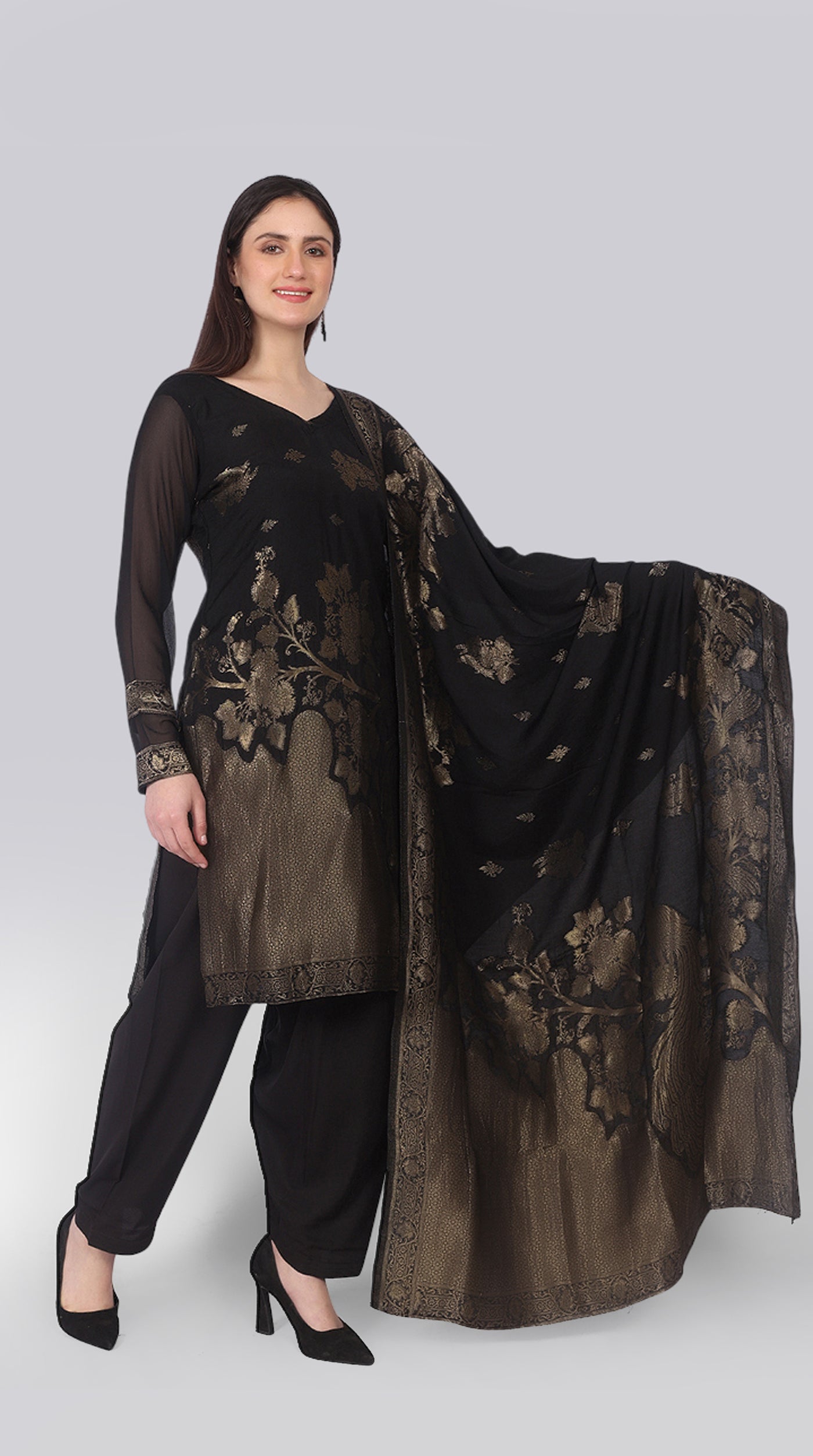 Black Silk Shift Suit Set with Gold Weave Dupatta