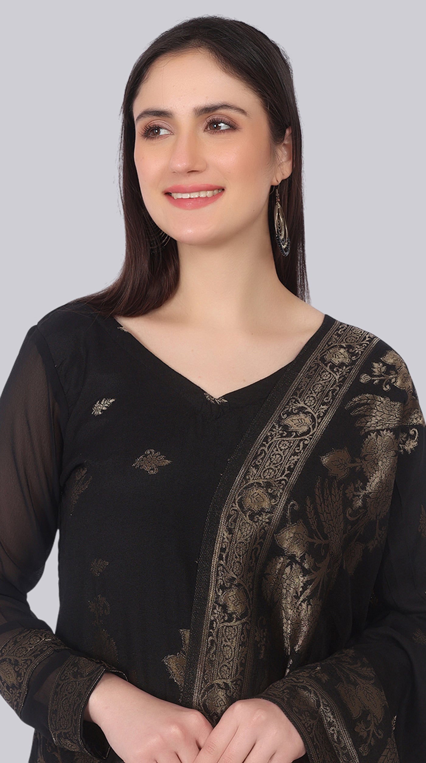 Black Silk Shift Suit Set with Gold Weave Dupatta