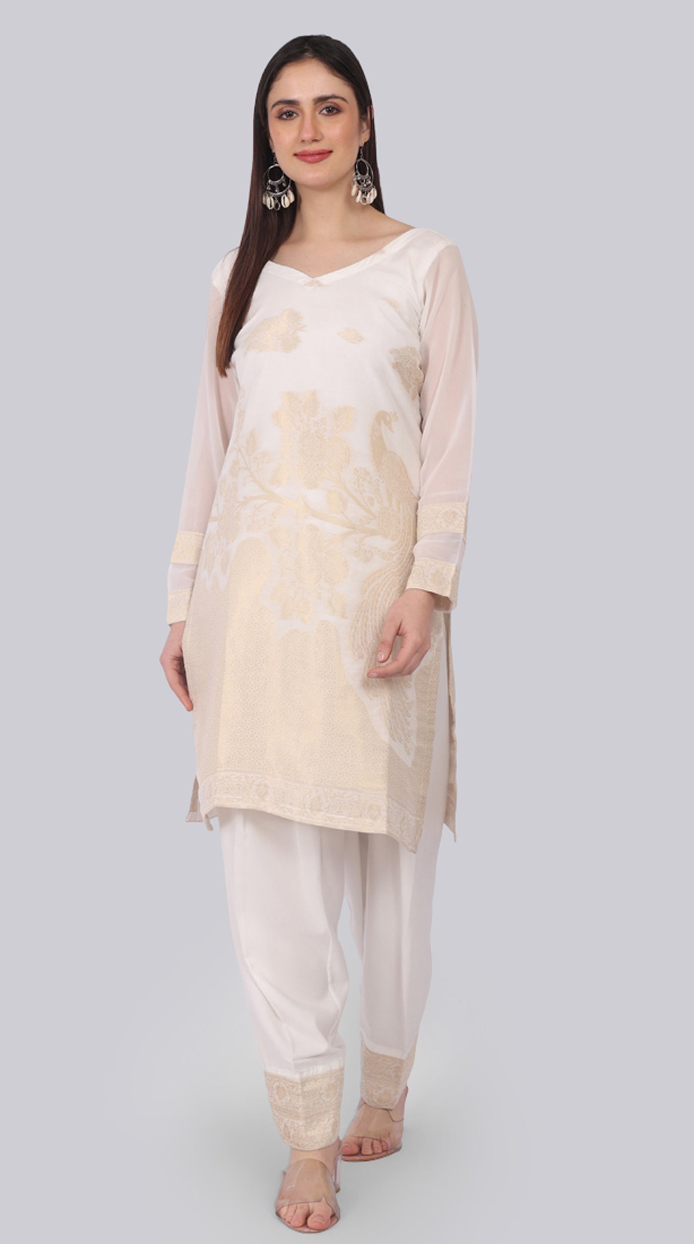 Farshi Shalwar White Silk Shift Suit Set with Gold Weave Dupatta