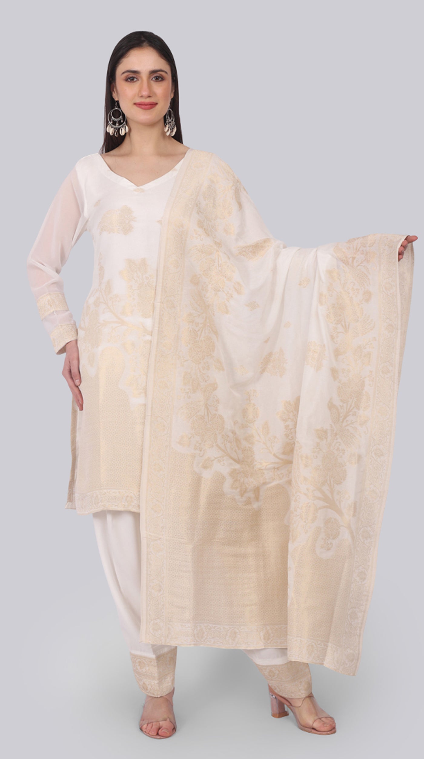 White Silk Shift Suit Set with Gold Weave Dupatta