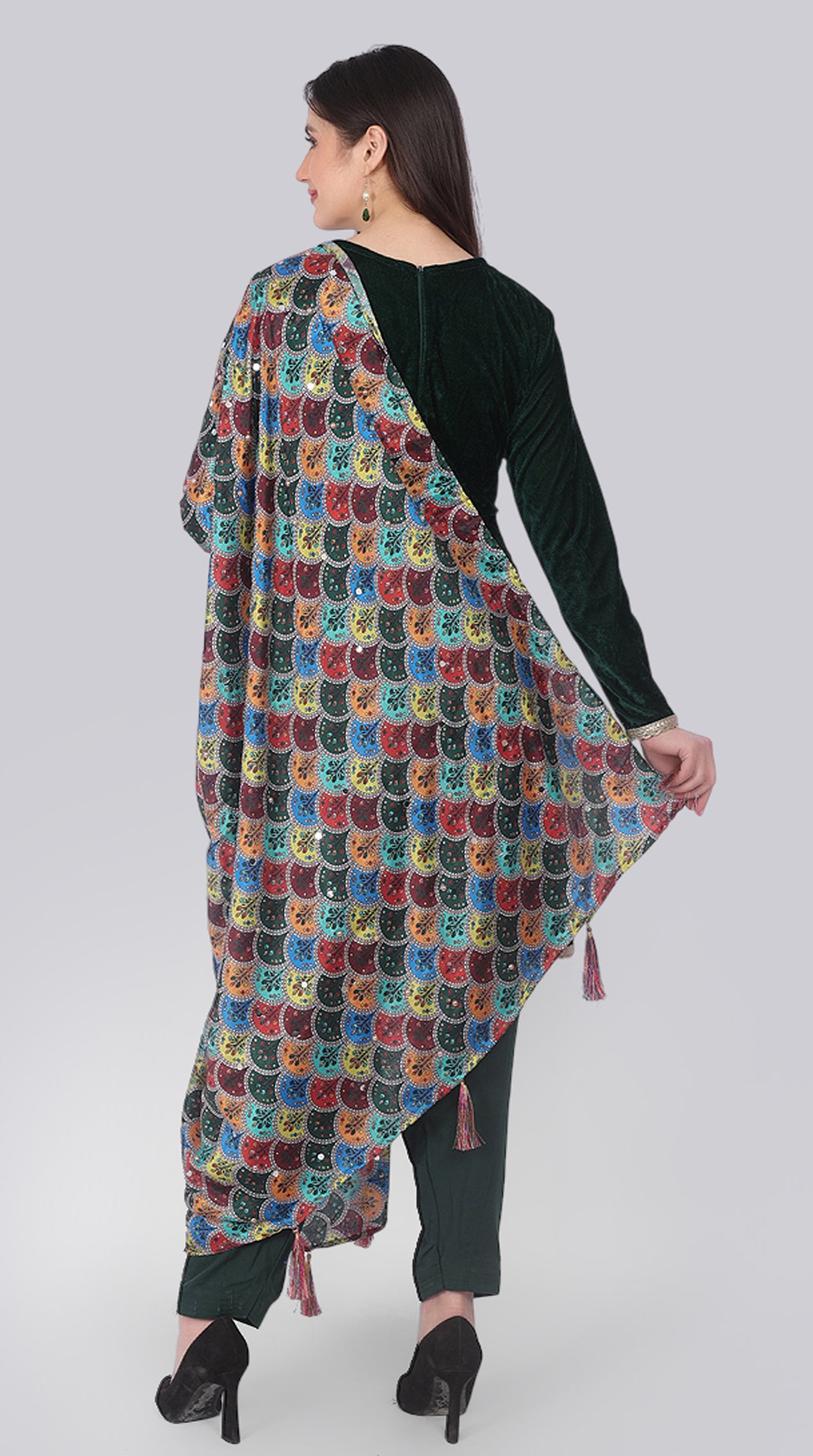Bottle Green Velvet Shift Suit Set with Dupatta