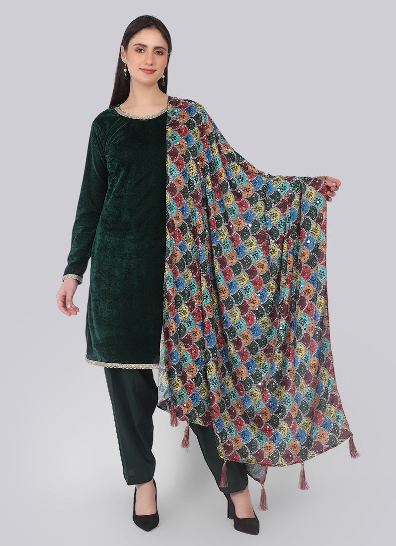 Bottle Green Velvet Shift Suit Set with Dupatta