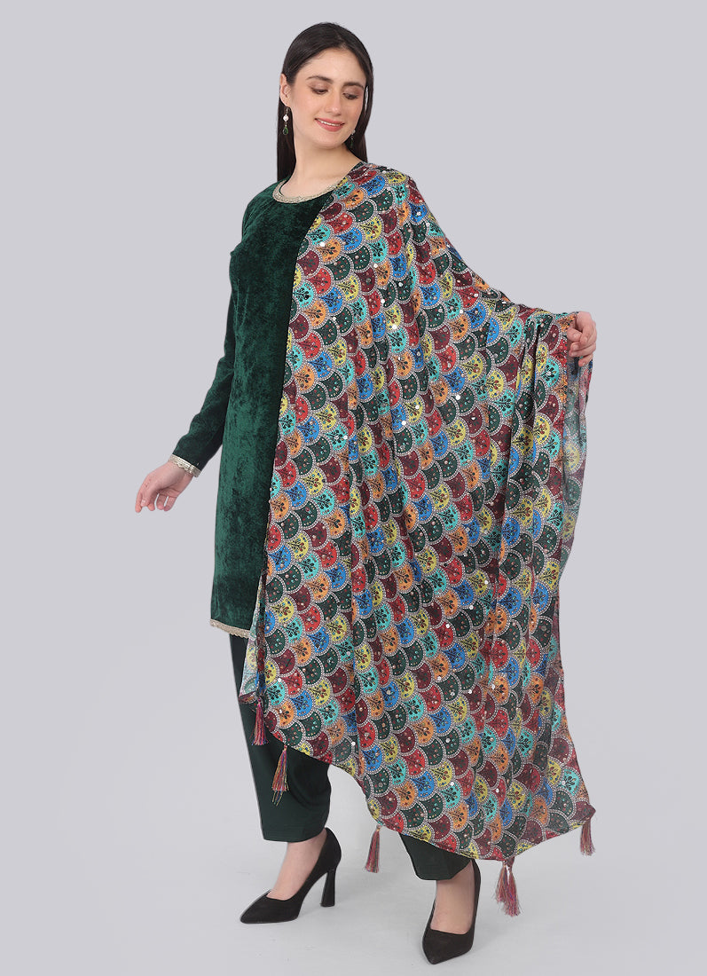 Bottle Green Velvet Shift Suit Set with Dupatta