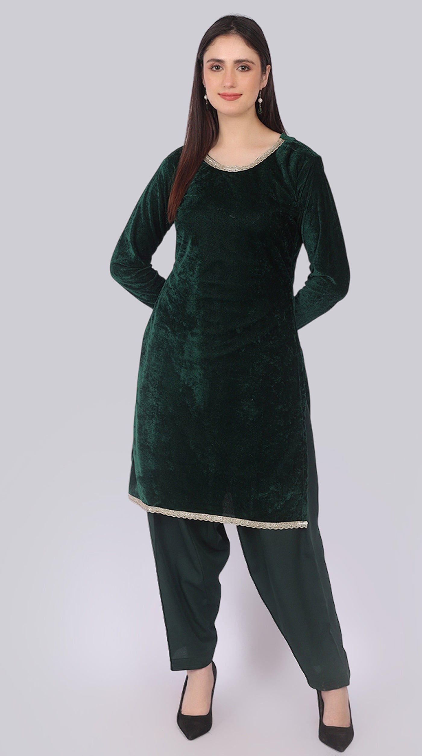 Bottle Green Velvet Shift Suit Set with Dupatta