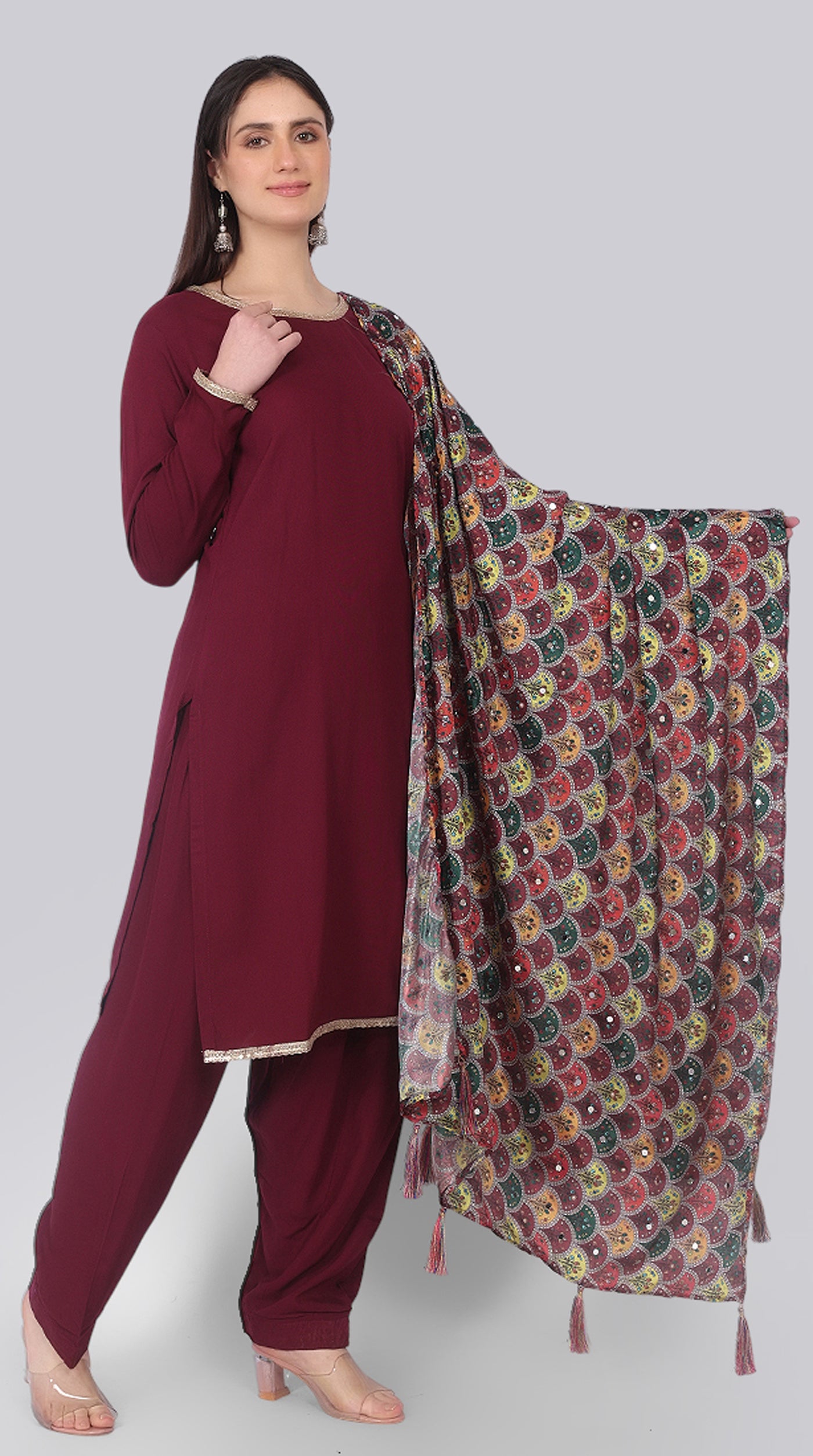 Wine Rayon Shift Suit Set with Multicolour Dupatta
