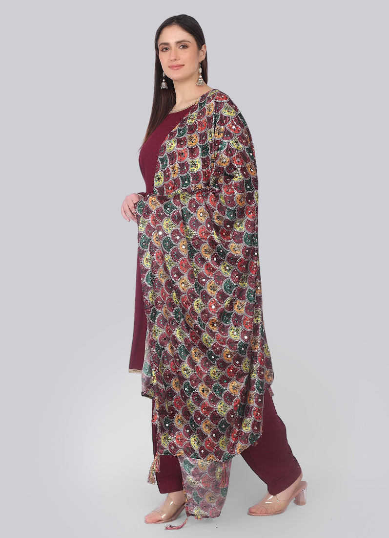 Wine Rayon Shift Suit Set with Multicolour Dupatta