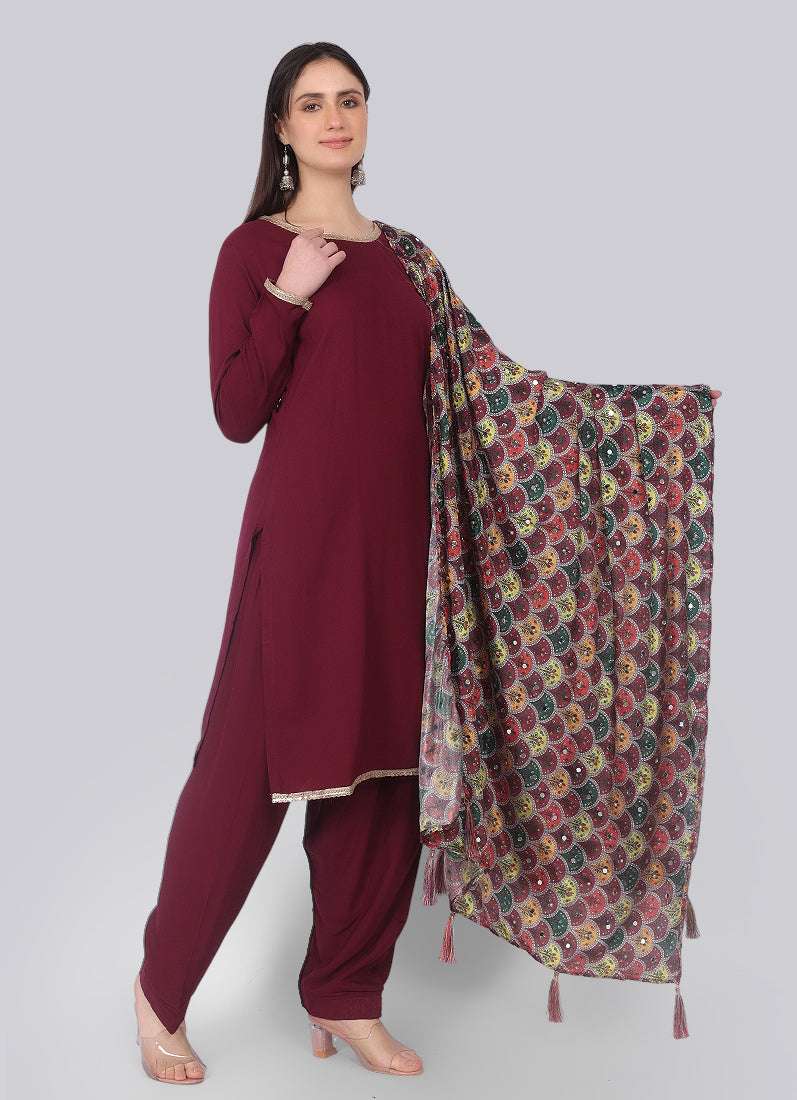 Wine Rayon Shift Suit Set with Multicolour Dupatta