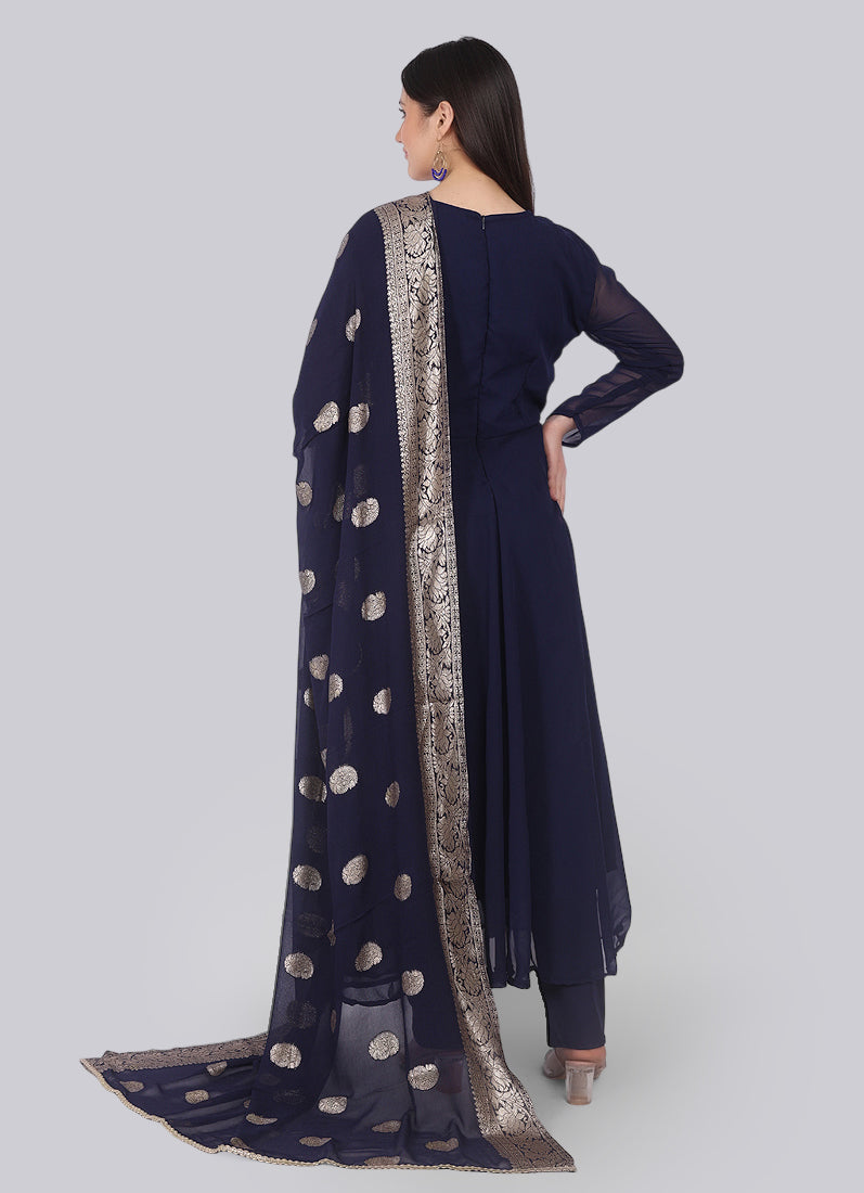 Navy Blue Georgette Bias Cut Suit Set