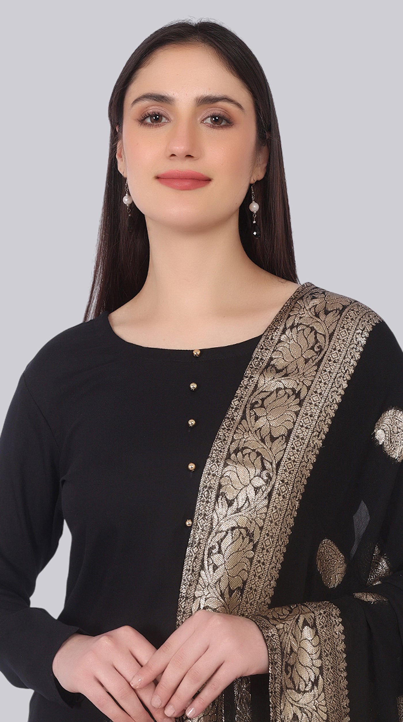 Black Rayon Straight-Cut Suit Set with Jacquard Dupatta