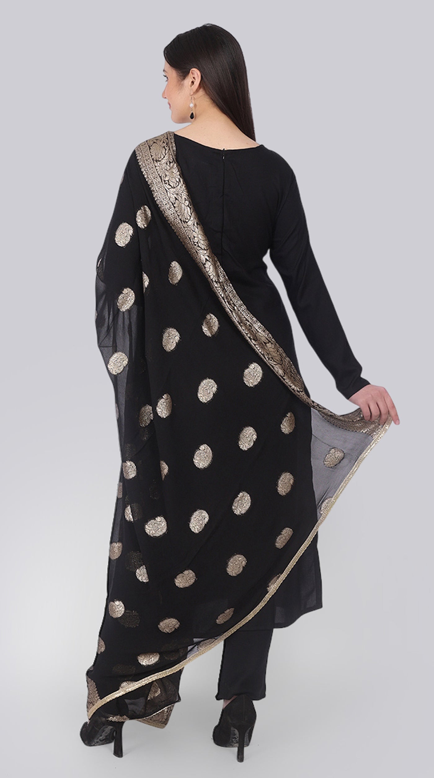 Black Rayon Straight-Cut Suit Set with Jacquard Dupatta