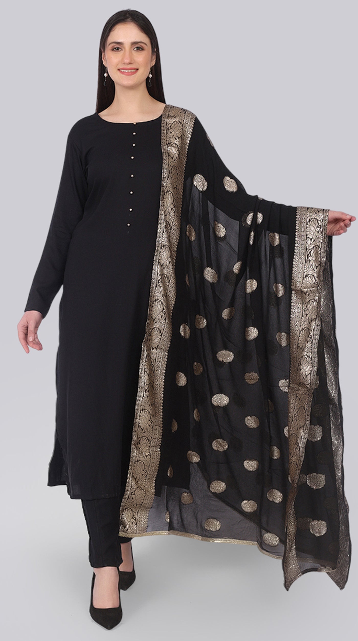 Black Rayon Straight-Cut Suit Set with Jacquard Dupatta