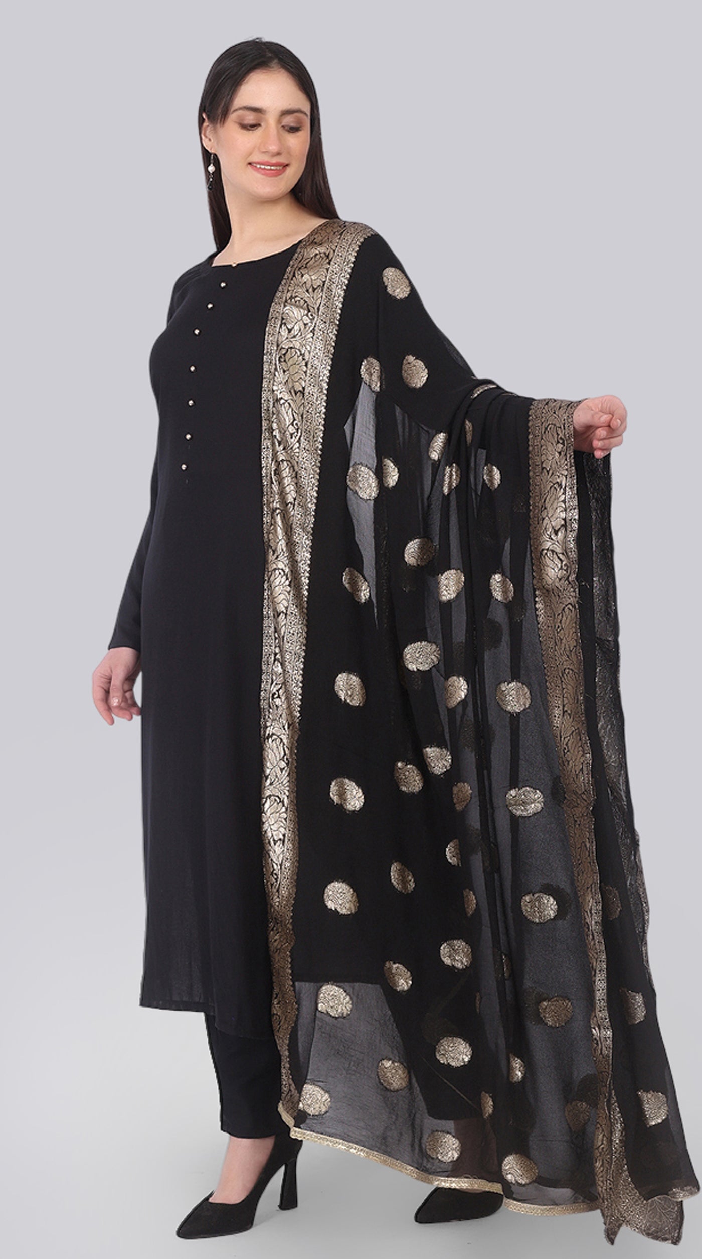 Black Rayon Straight-Cut Suit Set with Jacquard Dupatta