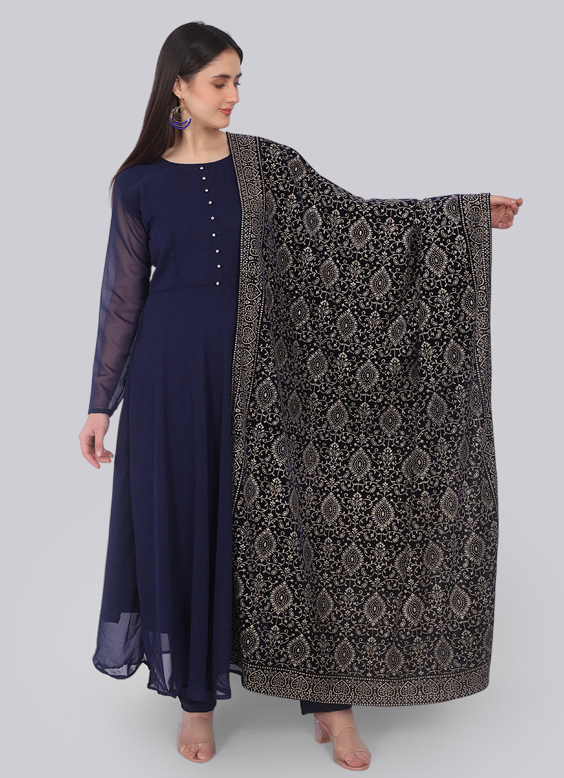 Navy Blue Georgette Bias-Cut Suit Set Velvet Dupatta