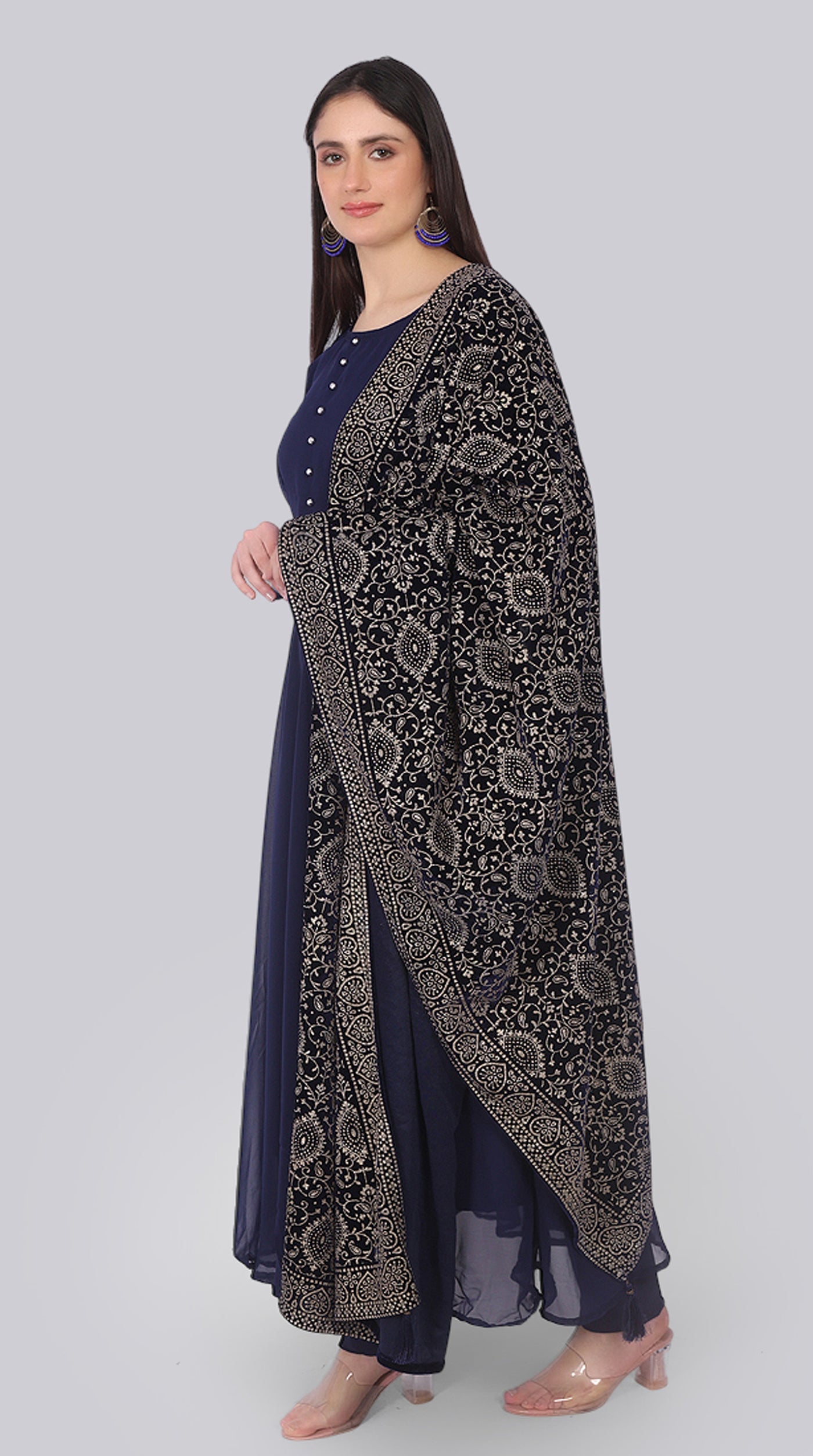 Navy Blue Georgette Bias-Cut Suit Set Velvet Dupatta