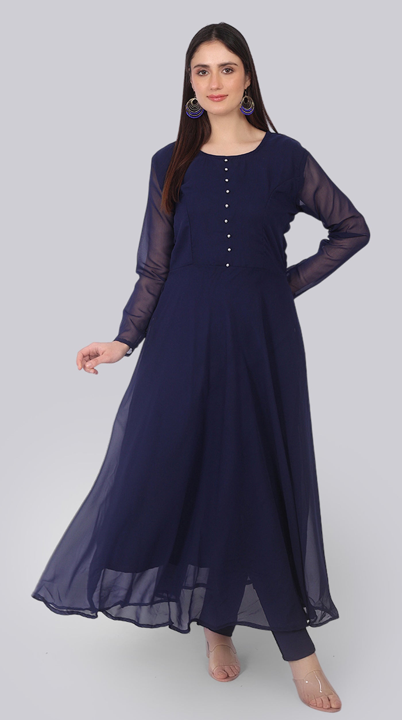 Navy Blue Georgette Bias-Cut Suit Set Velvet Dupatta