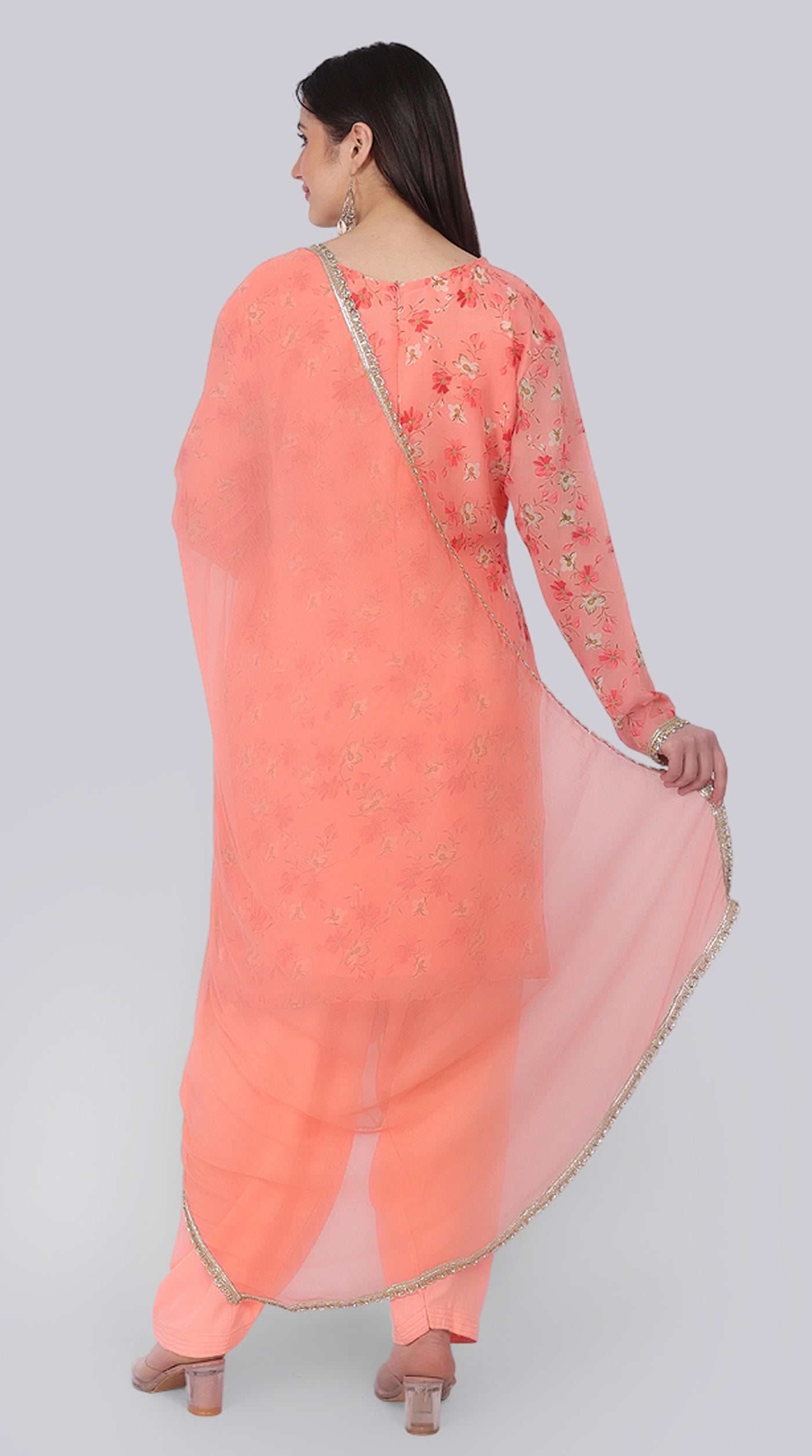 Peach Georgette Shift Suit Set with Zari Border Dupatta