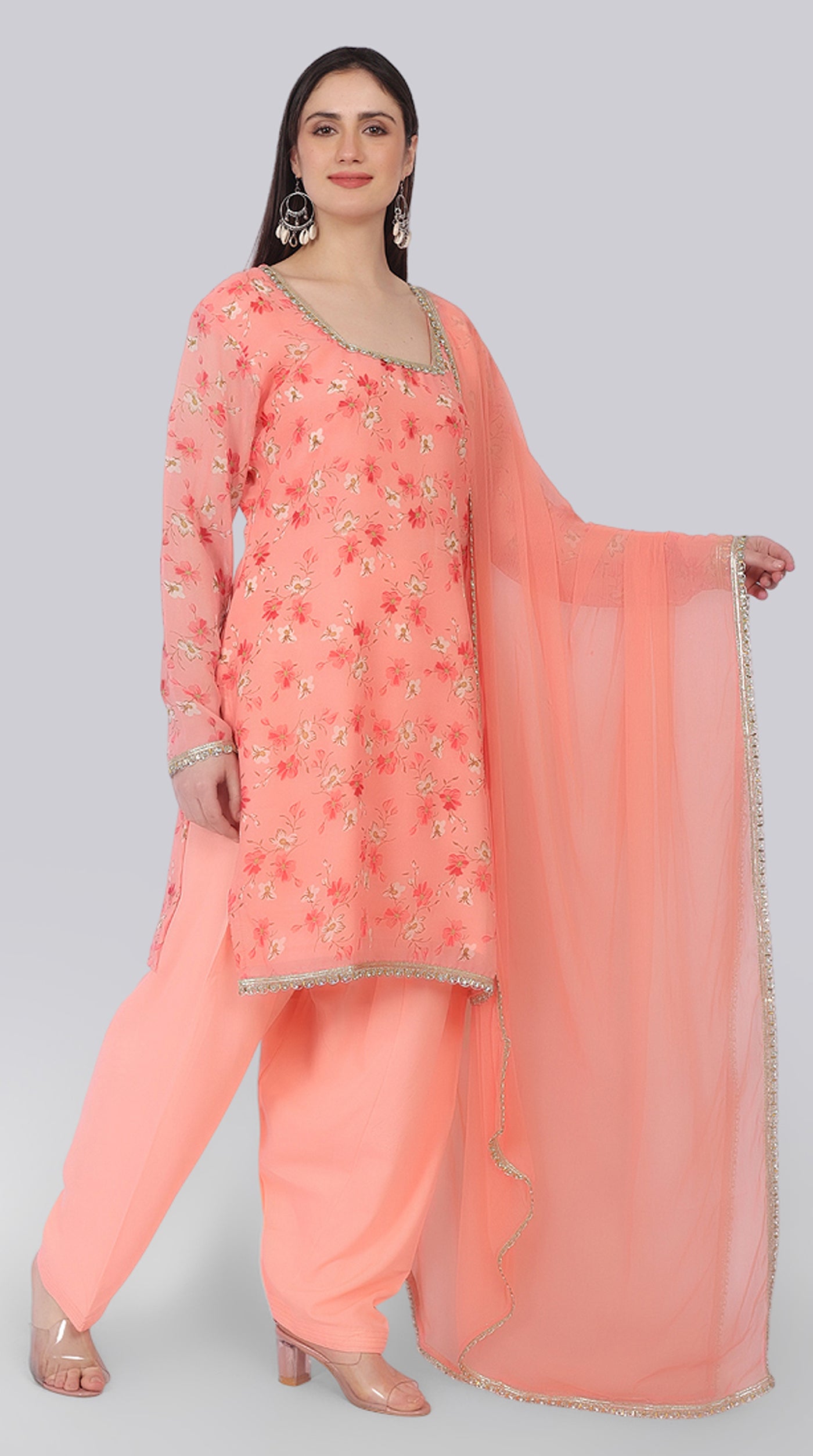 Peach Georgette Shift Suit Set with Zari Border Dupatta