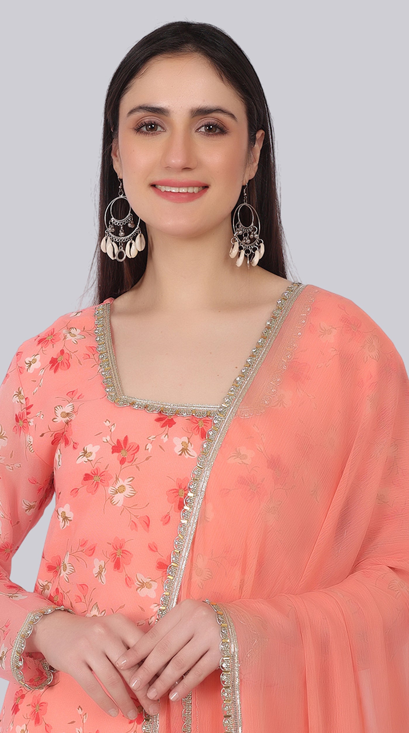 Peach Georgette Shift Suit Set with Zari Border Dupatta