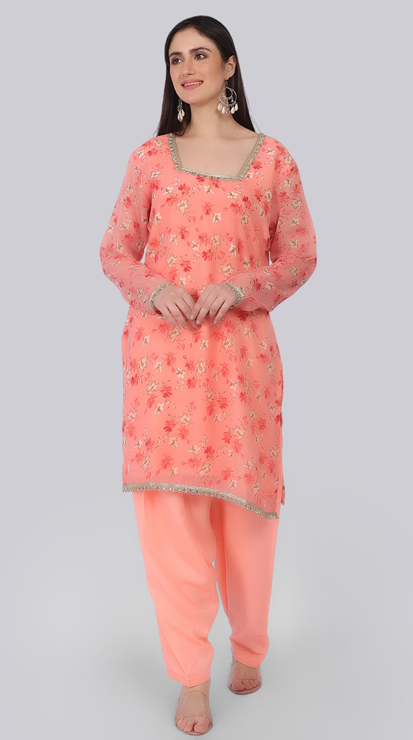 Peach Georgette Shift Suit Set with Zari Border Dupatta