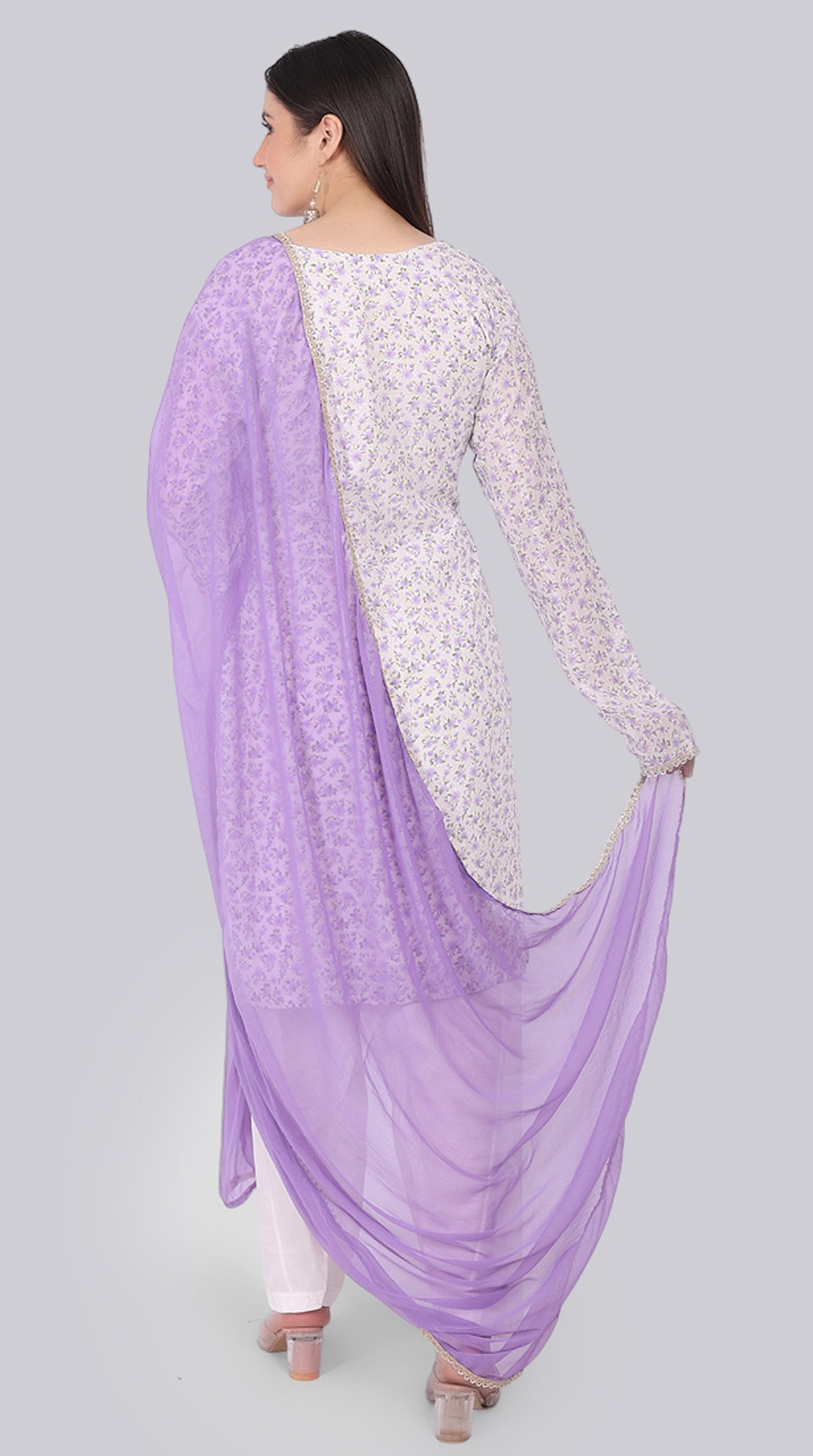 Ivory Georgette Shift Suit Set with Lavender Dupatta