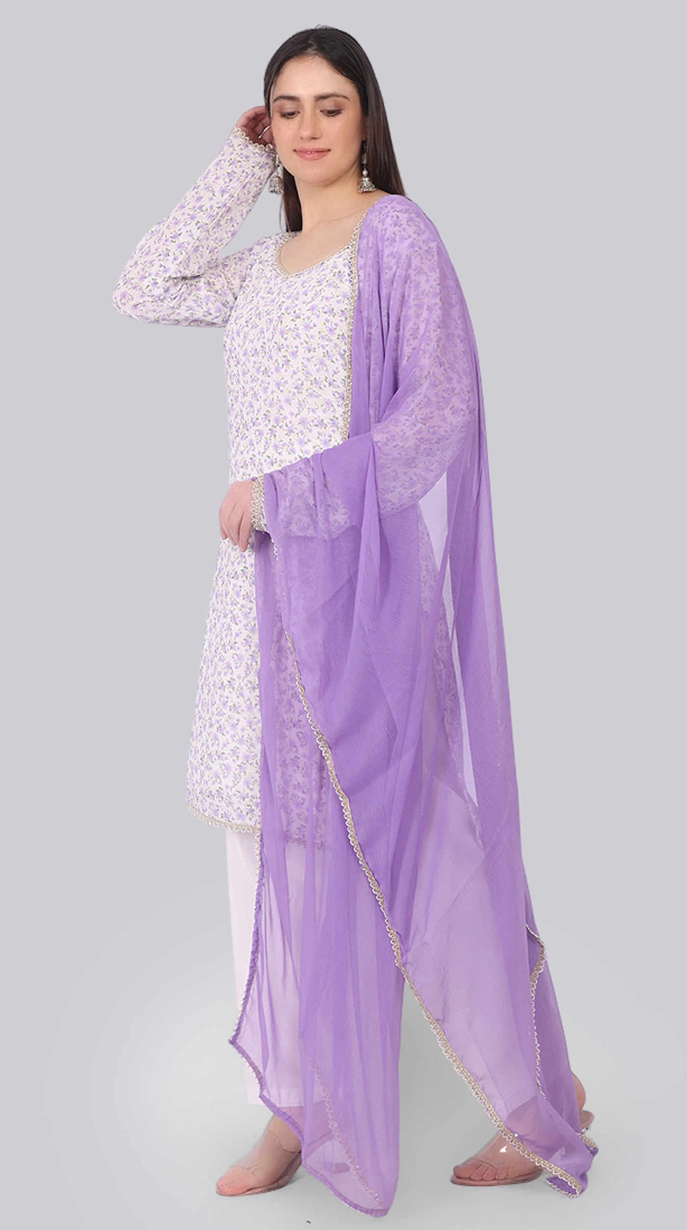 Ivory Georgette Shift Suit Set with Lavender Dupatta