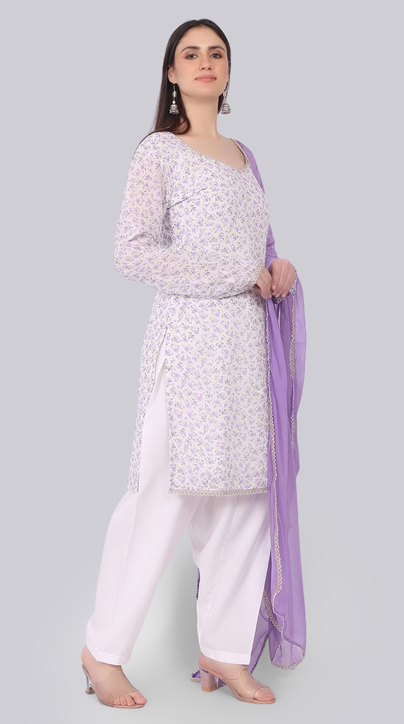 Ivory Georgette Shift Suit Set with Lavender Dupatta