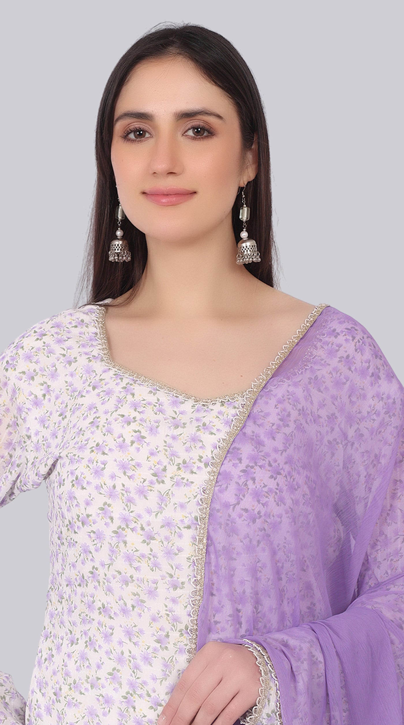 Ivory Georgette Shift Suit Set with Lavender Dupatta