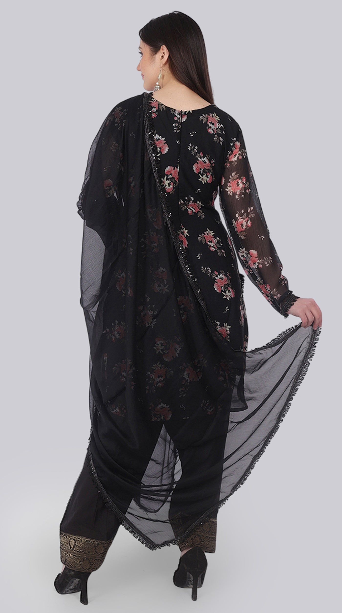 Black Georgette Pearl Embellished Shift Suit Set