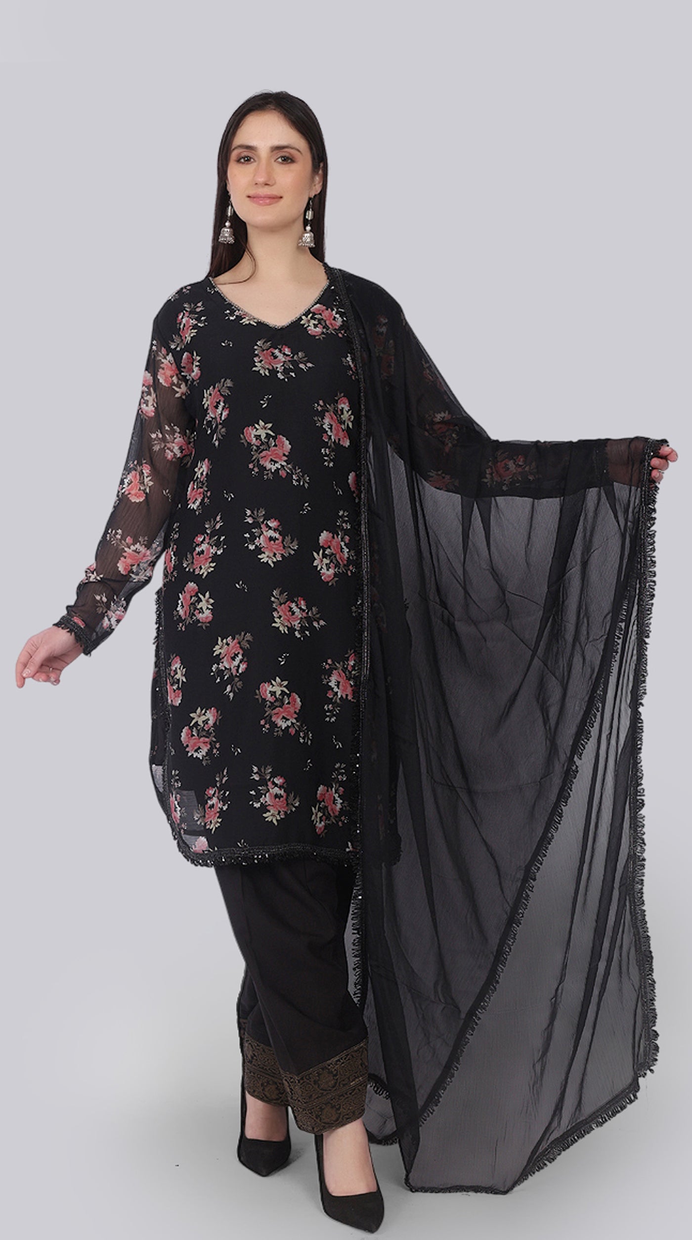 Black Georgette Pearl Embellished Shift Suit Set